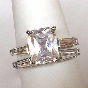 Princess Cut Engagement Wedding Ring Set Size 9 10 CZ Silver Rhodium Plated